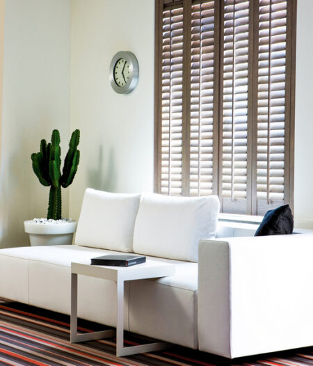 sitting room with a white modern sofa, window with wooden full height shutters and small cactus in a corner