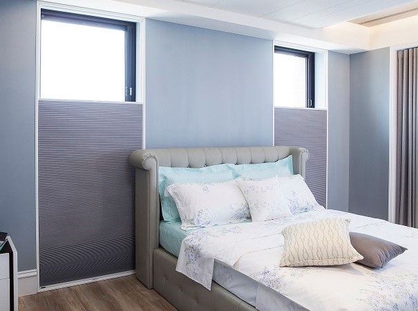 bedroom with honeycomb blinds on the windows