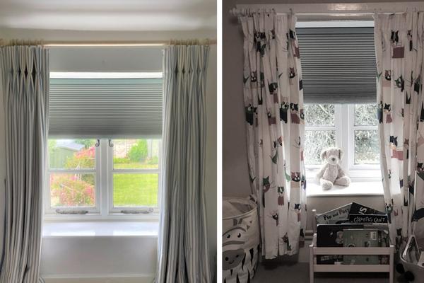 image showing two examples of window dressings combining together curtains and honeycomb blinds