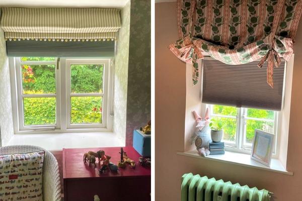 two images showing how honeycomb blinds can be mounted together with Roman blinds to ensure maximum privacy and darkness fro children bedrooms