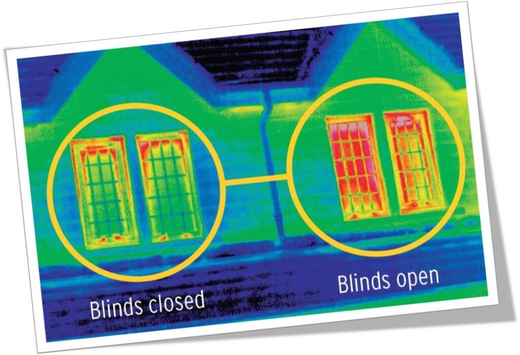 image shows a limited heat loss through windows when the blinds are closed and the big heat loss when blinds are open, using infrared technology