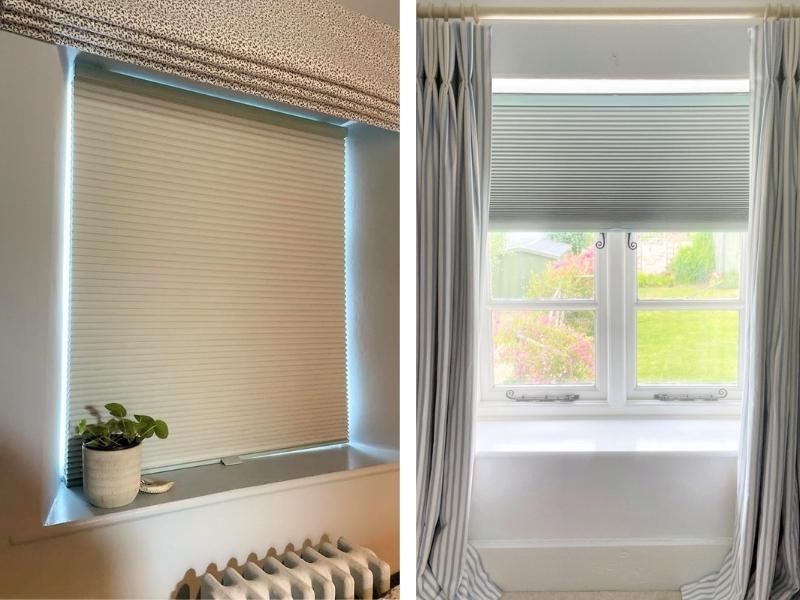 image showing two examples of window dressings combining together curtains and honeycomb blinds, which will help reducing heat loss thus cutting energy bills